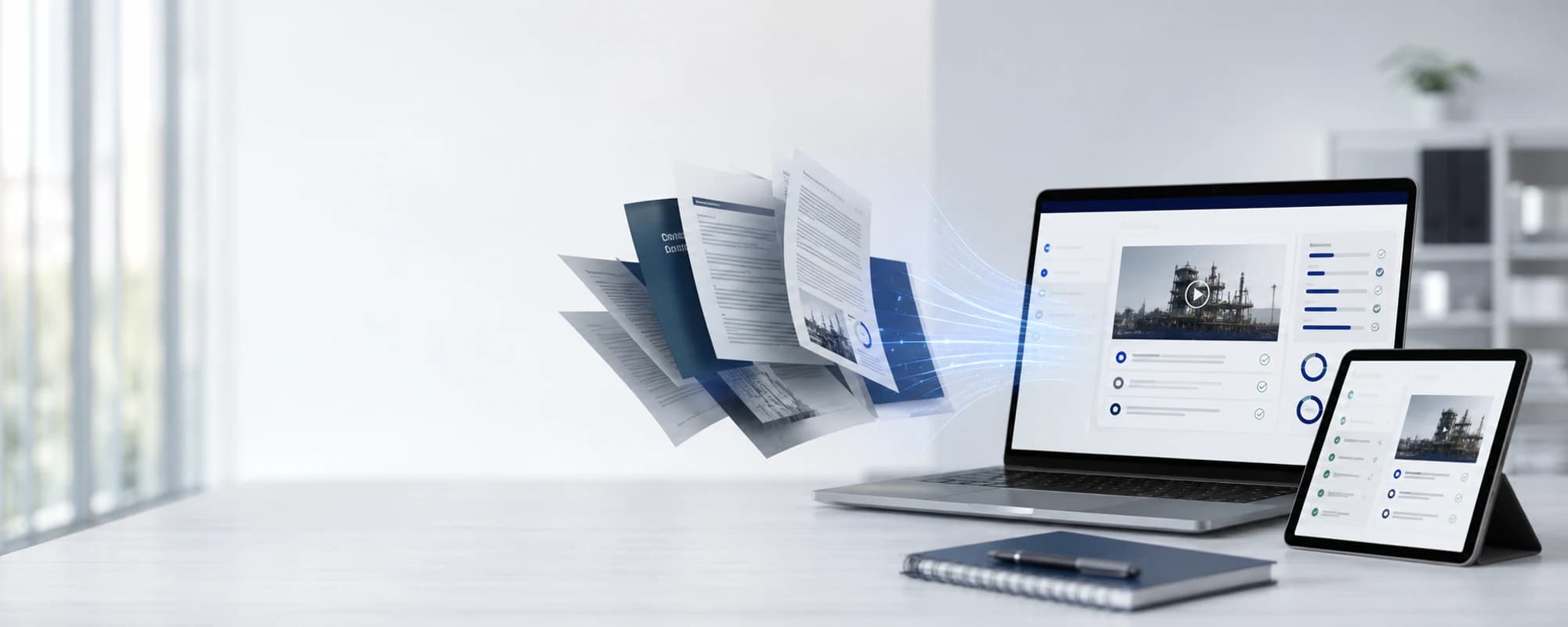Infographic showing content transformation from files to ISO courses platform on multiple devices