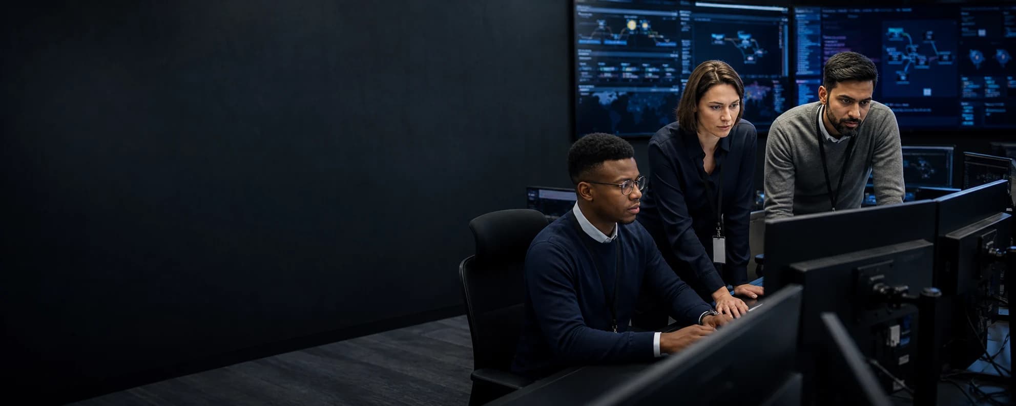 Cyber-security specialists reviewing information security systems