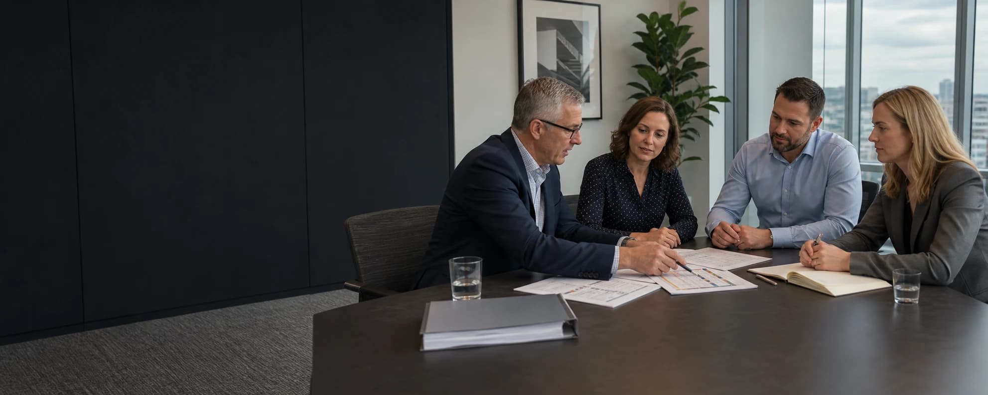 Independent ISO auditors reviewing management system evidence with a client