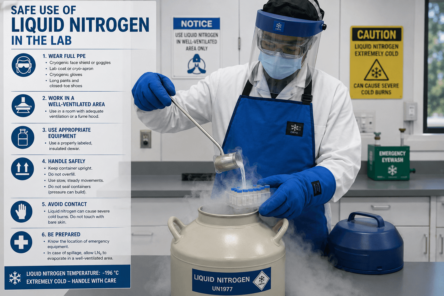 Laboratory professional in PPE safely handling liquid nitrogen