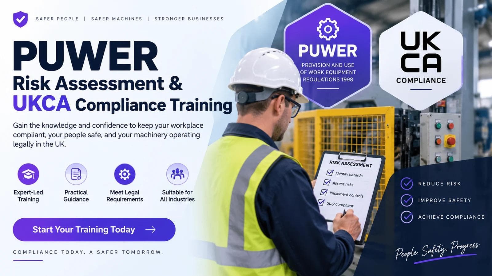 PUWER Risk Assessment and UKCA Compliance Training with an engineer assessing guarded machinery