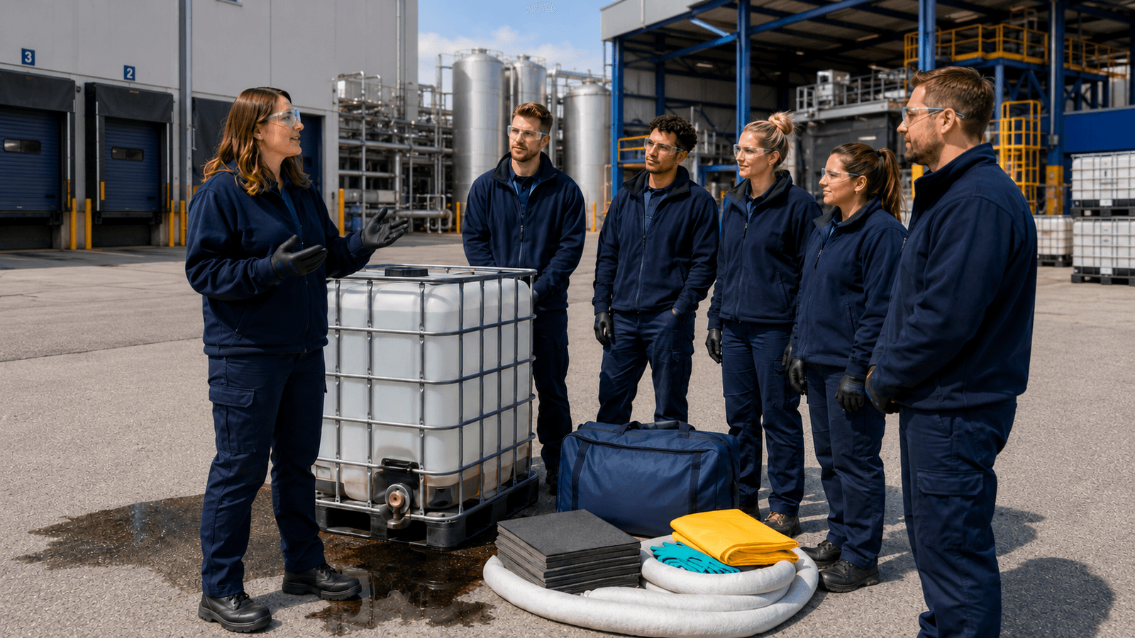 Emergency spill response training with personnel managing chemical containment