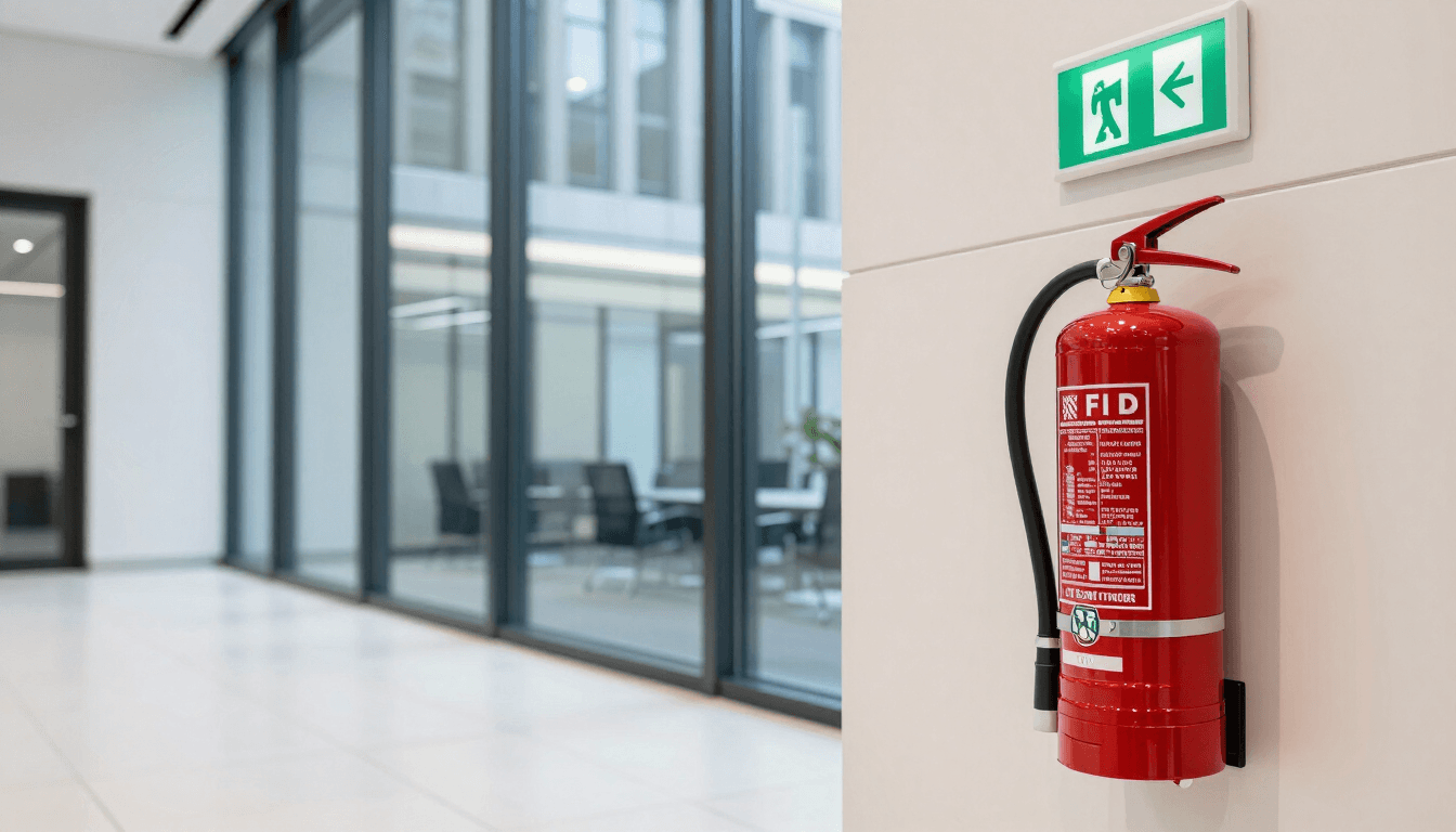 Fire exit and extinguisher in a modern office building corridor