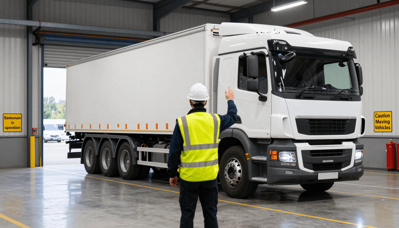 Banksman directing a reversing HGV at an industrial loading bay