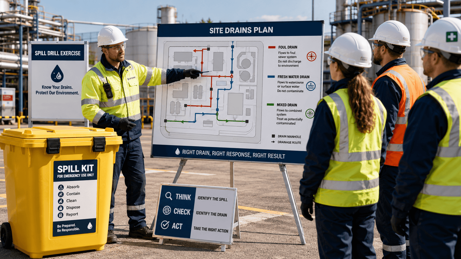 Industrial workers in safety gear conducting a spill drill exercise